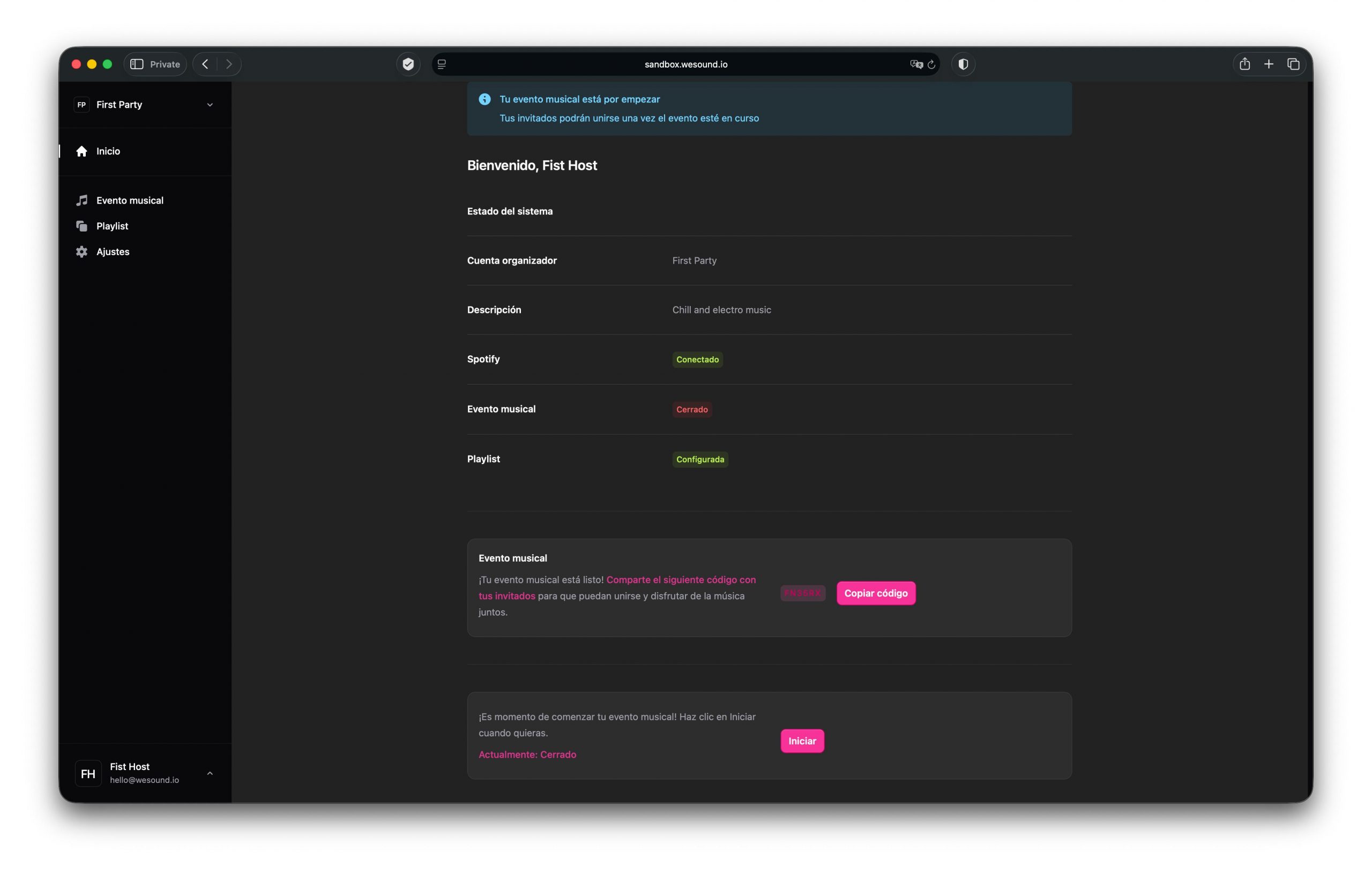 WE SOUND Event Dashboard - Complete event management and playlist control